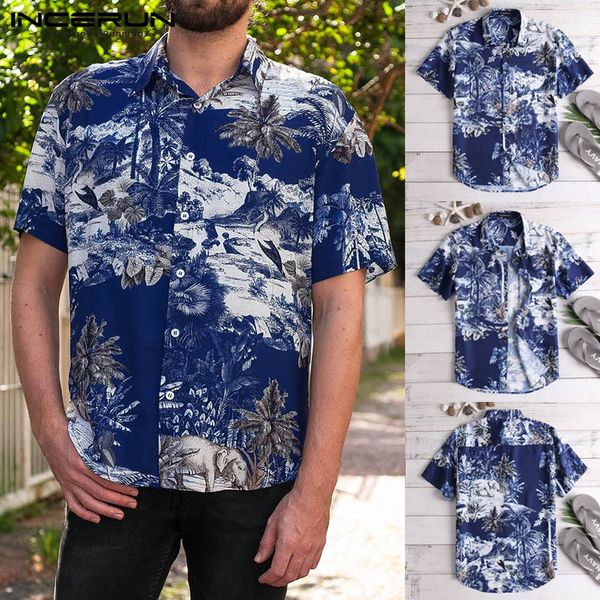 

masculina camisa 2019 summer men shirt beach social clothing hawaiian tropical shirt dress lapel loose vacation chemise big, White;black