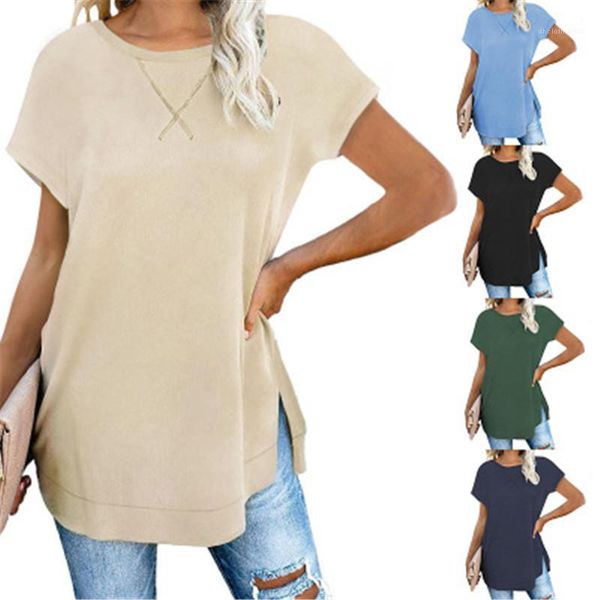 

sleeve shirt fashion round neck plus size split front and back tshirts women drop shoulder tees designer female solid color short, White