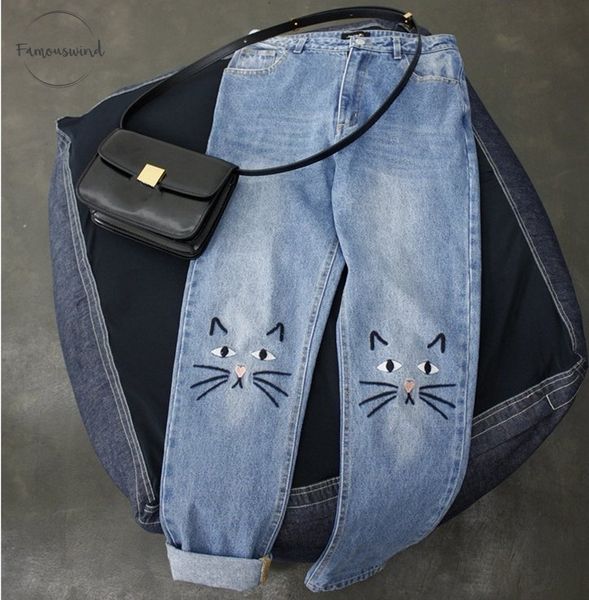 

cat cute вышивание женщины джинсы женщина push up джинсы высокая талия denim pattern брюки boyfriend jeans femme, Blue
