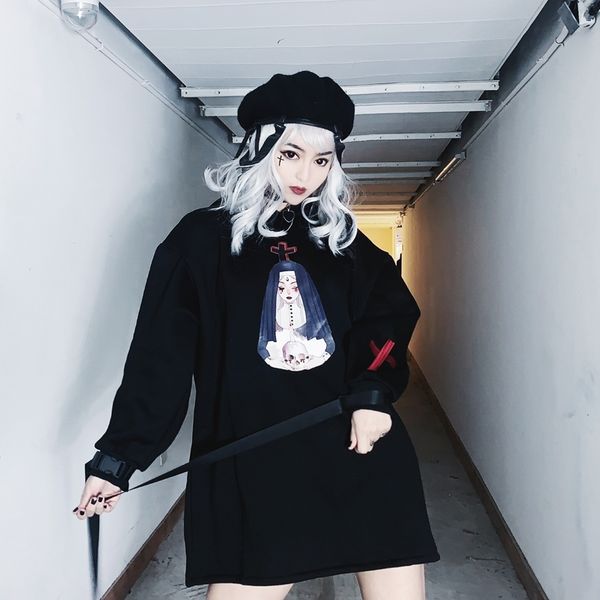 

autumn winter harajuku sweatshirt women gothic cross embroidery printed plus velvet loose hoodies fashion casual punk hoodies, Black