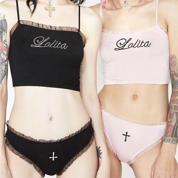 

women lace embroidery camisole cotton pantie 2 pieces suits new lady cute pink black vest beach vacation bikini sets, White