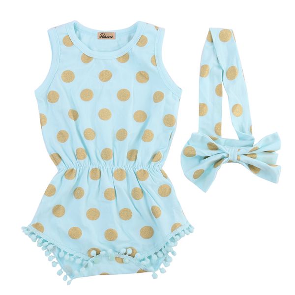 

baby girls casual jumpsuit clothes bodysuits gold dot cotton sleeveless headband outfits set infant girl clothing, Blue