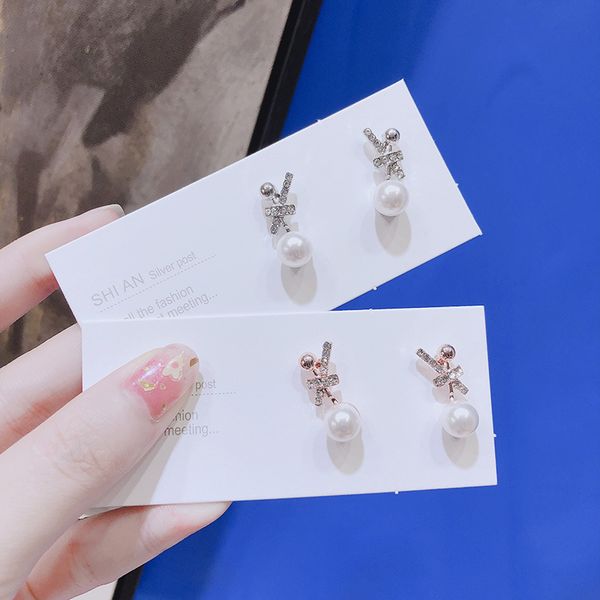 

korea fashion exquisite rhinestone cross imitation pearl silver needle earrings sweet temperament ladies jewelry accessories, Golden;silver