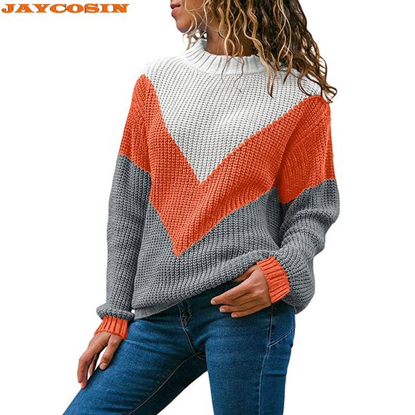 

jaycosin fashion design women round neck color block long sleeve knitted sweater pullover jumper sweater, White;black