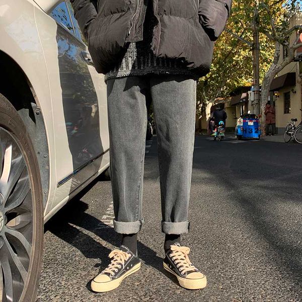 

men's jeans straig fashion washed solid color casual retro jean pants men streetwear wild loose trousers mens, Blue