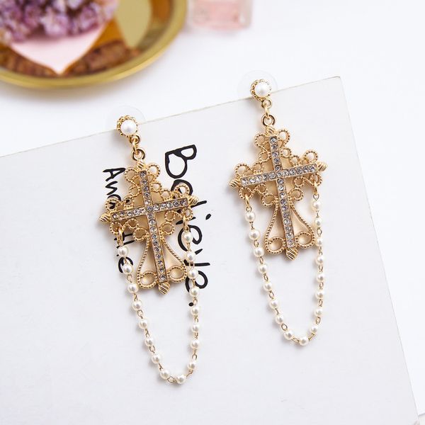 

vintage korean rhinestone cross hollow metal pattern flower drop earrings long pearl chain circle pendientes for women 5a1028, Silver