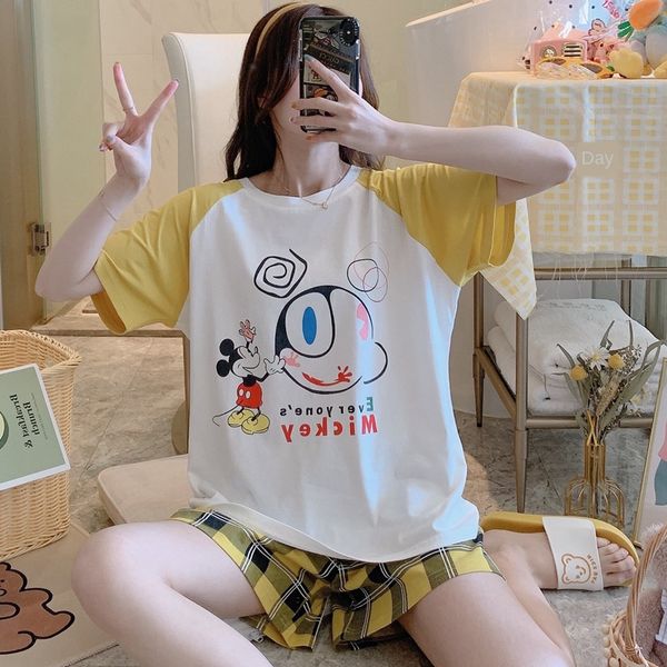 

internet celebrity popular pajamas women's summer cotton korean-style loose student cute casual leisure two piecesuit pjs, Black;red