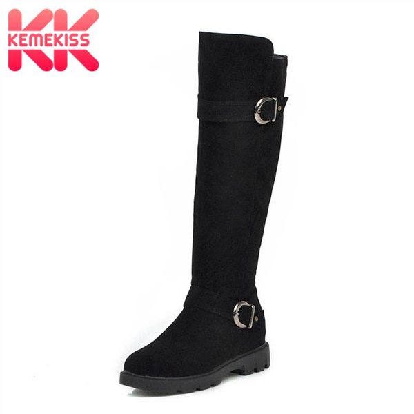 

kemekiss women knee high boots fashion metal buckle flats botas mujer keep warm fur casual zipper knight shoes women size 33-43, Black