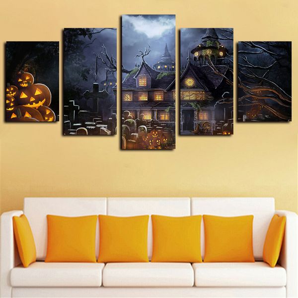 

5 panels halloween movies holidays cemetery houses pumpkin artworks canvas wall art home decor poster canvas print oil painting