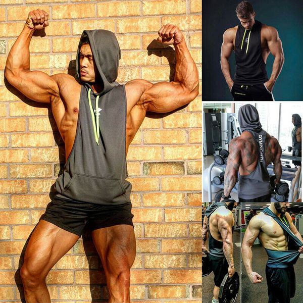 

men sports gym plain tank hoodie fitness pullover sleeveless sweatshirt vest, White;black