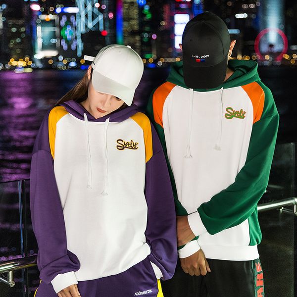 

european and american original street hip-hop personality lovers hit the color spell color hooded pullover jacket tide men and women ins ove, Black