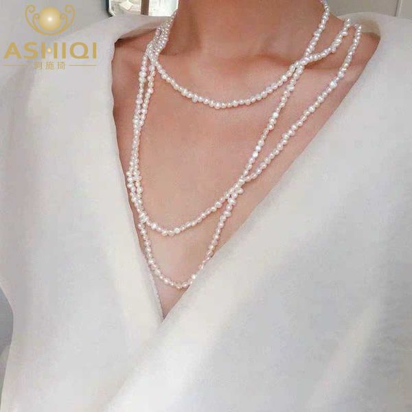

ashiqi 160 cm long natural freshwater pearl necklace for woman gift multiple ways of wearing sweater chain jewelry 2019, Silver