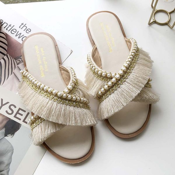 

women classic fringed pearl beach shoes flat woman sandals summer nice woman shoes lady slippers luxury shoe women slipper, Black