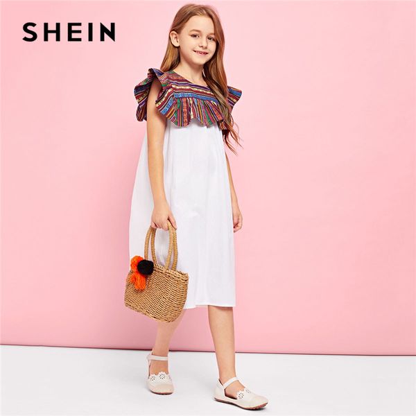 

shein kiddie white keyhole back contrast button teenage girl party long dress 2019 summer sleeveless shift trapeze girls dresses, Red;yellow