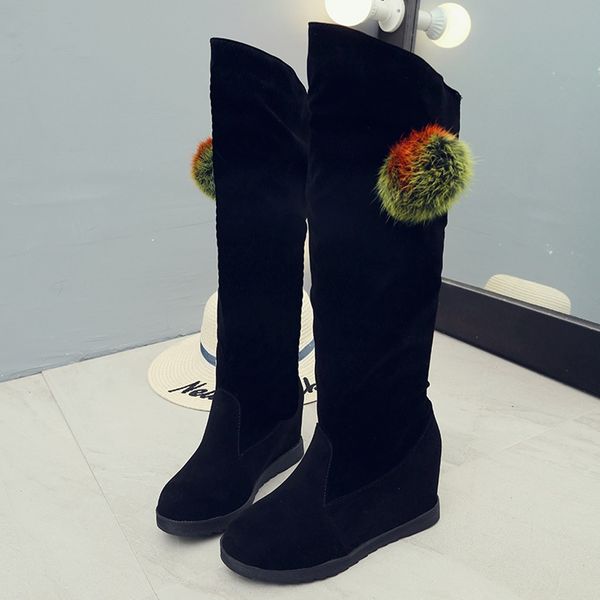 

middle tube mid-calf boots women solid slip-on boots round toe flat with winter fleeces wedges billetera mujer, Black