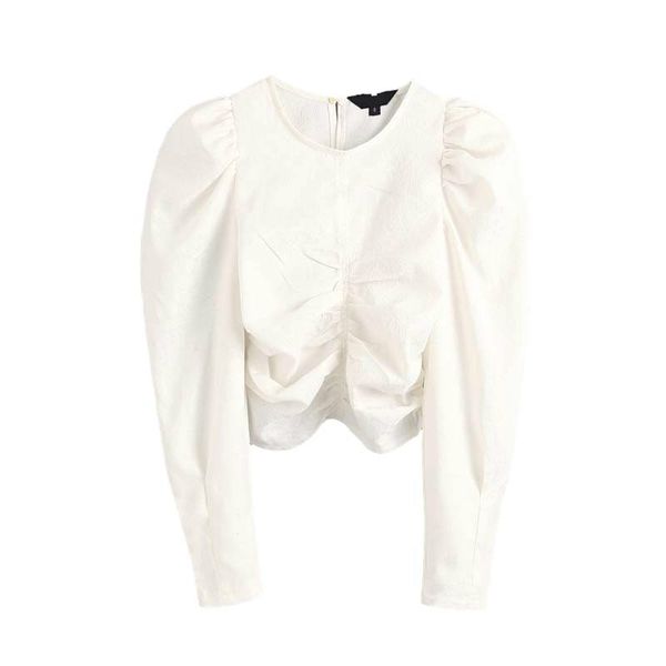 

women short style blouse pleated long puff sleeve solid shirts fashion white blusas