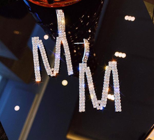 

personality 925 silver needle flash rhinestone letter m long earrings temperament women exaggerated accessories