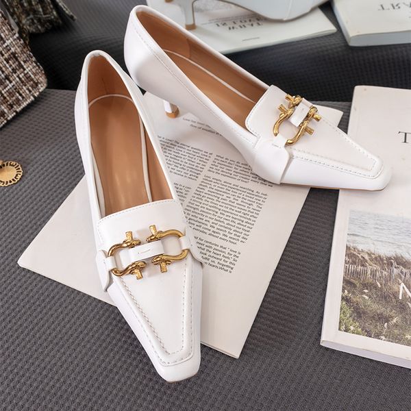 

autumn women heels pumps designer pumps black white ladies genuine leather retro metal decoration shoes woman