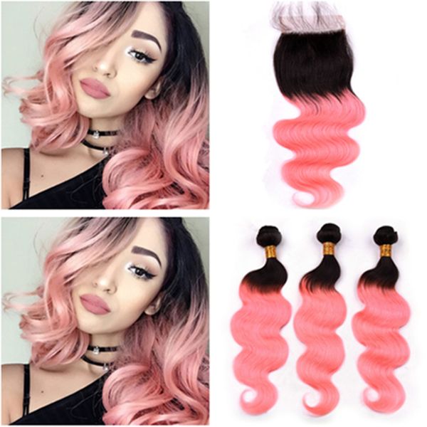 #1B / розовый Ombre Body Wave индийские человеческие волосы 3Bundles и закрытие Ombre розовое золото волнистые переплетения утки черные корни с 4x4 кружева закрытия