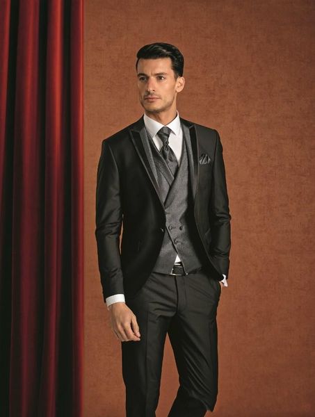 

new fashion black groom tuxedos peak lapel one button groomsmen mens wedding dress excellent man 3 piece suit(jacket+pants+vest+tie) 638, Black;gray
