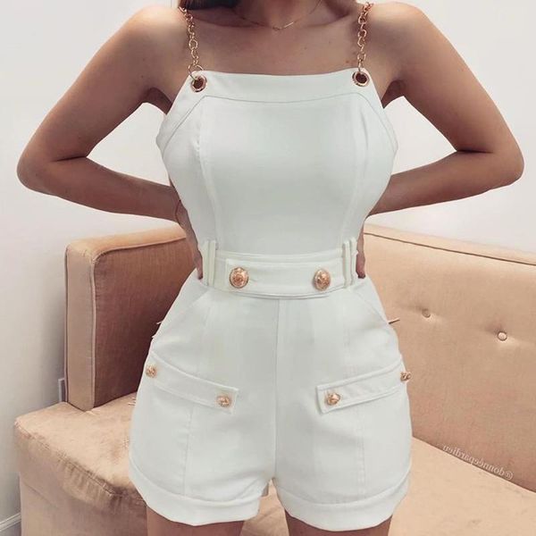 

women chain strap jumpsuit romper female clubwear button playsuits trousers bodycon playsuit short party solid rompers, Black;white