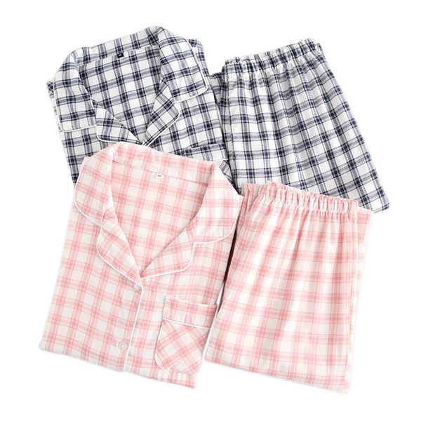 

новый 2019 свежий плед 100% марлевый хлопок любители пижамы наборы женщин весна с длинным рукавом повседневная пижамы мужчины пижамы femme, Blue;gray