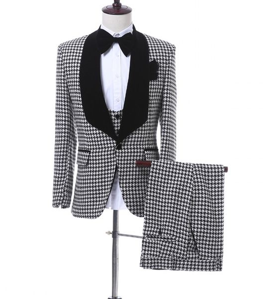 

fashion groom tuxedos houndstooth groomsmen mens wedding dress black lapel man jacket blazer business suit(jacket+pants+vest+tie) 1679, Black;gray
