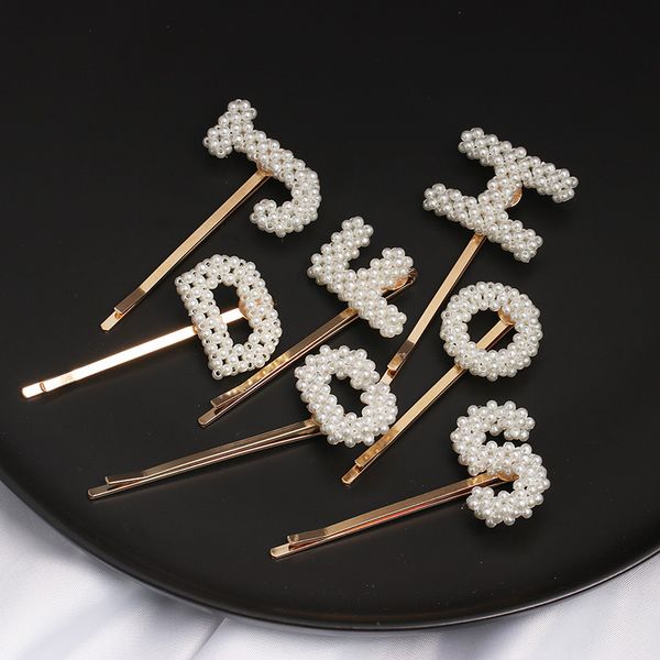 

2019 fashion simulated pearl letter hair clips gorgeous women initial hairpins ins girls hair jewelry palillos del pelo, Golden;white