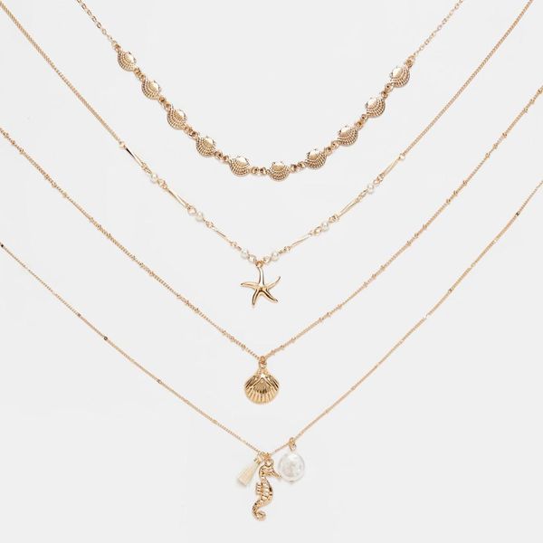 

4pcs/set new design shell chain necklaces for women fashion summer beach seashell statement necklaces vintage maxi jewelry, Silver