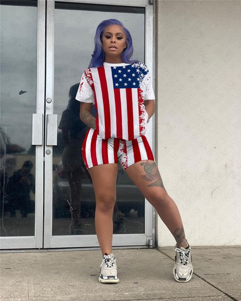 

the american national flag printed women summer tracksuit short sleeve tees t shirt + shorts two piece sports suit ladies outfits d6190, White