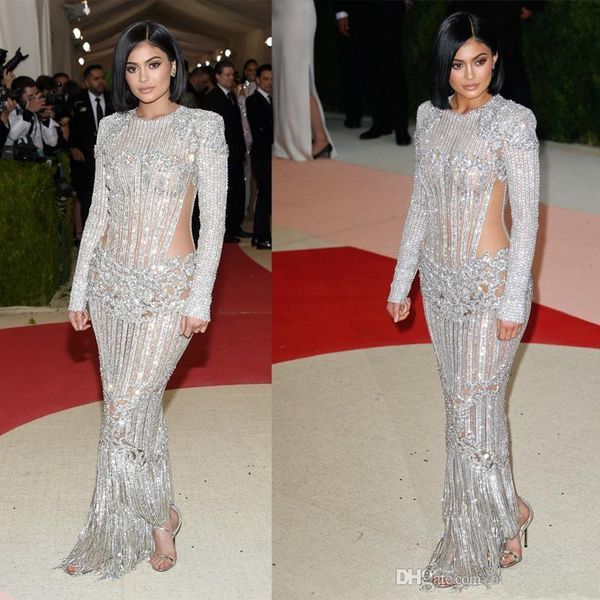 2019 New Kendall Jenner Kylie Jenner Met Gala Red Carpet Fashion Celebrity Dresses Cutaway Illusion Beaded Evening Gowns 822 Plus Size Evening Wear