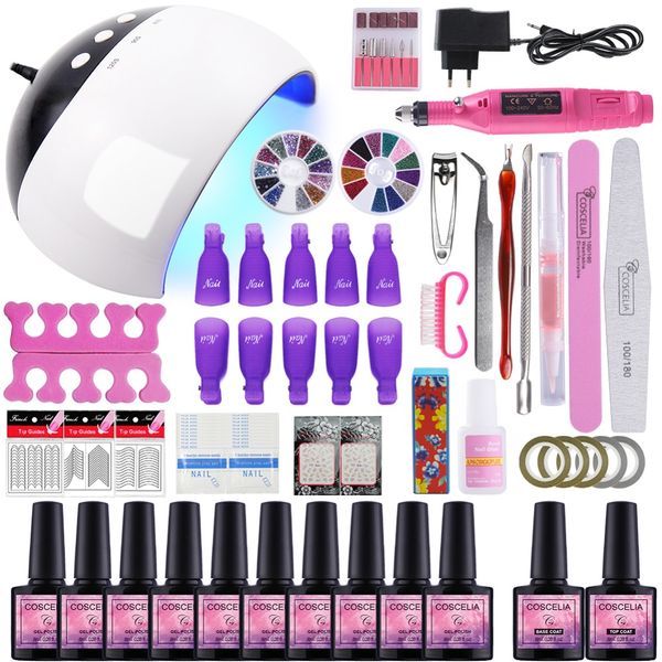 Kits de Nail Art Set UV LED Lâmpada Secador com Escolha Cores Gel Polonês Kit Soak off Manicure Drill Machine Ferramentas