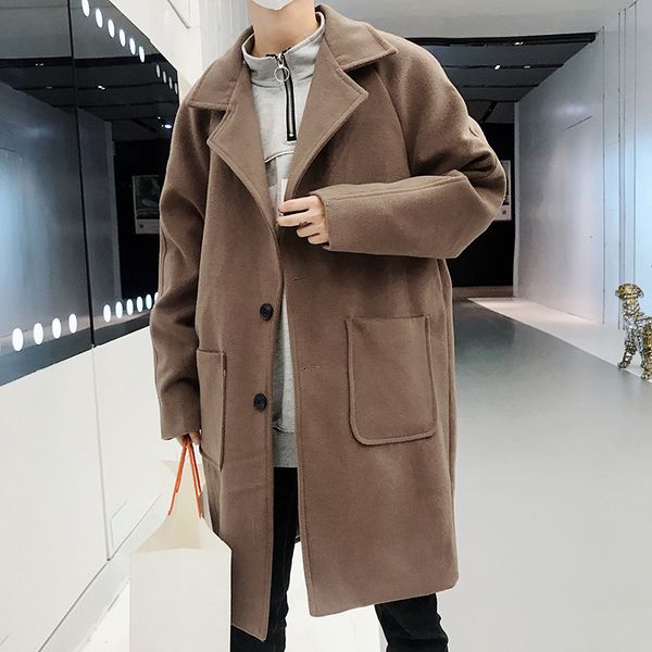 

men's coat autumn winter new slim in long pure color large pocket coat casual lapel fashion personality young men's wear, Black;brown