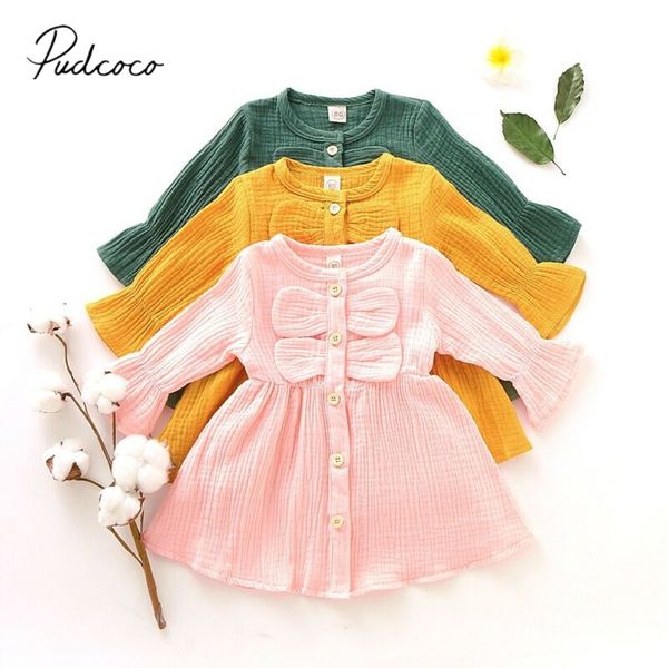 

2019 baby spring autumn clothing toddler kids baby girl cotton linen solid dress long sleeve button ruffle party gown 6m-4t, Red;yellow