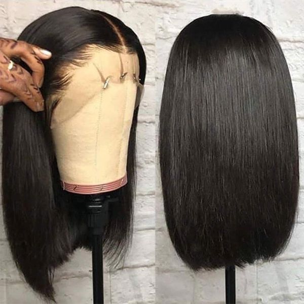 

glueless lace front wigs brazilian huamn hair 13x6 inch deep lace parting yaki bob preplucked bleached knots natural hairline, Black;brown