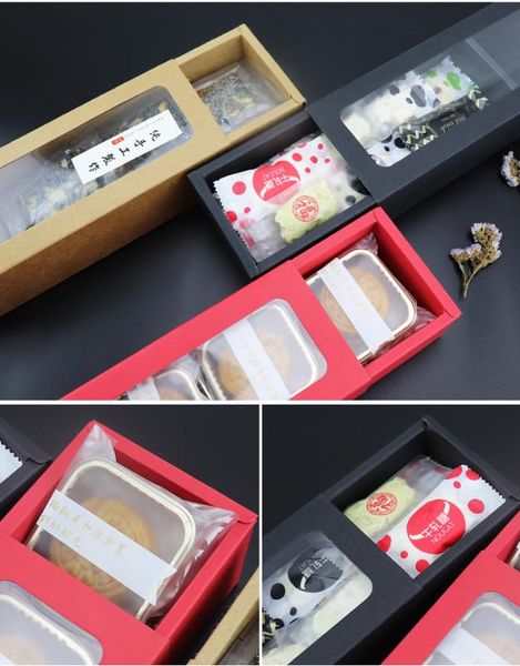 

10pcs pvc clear window paper box drawer style cookie box black brown red paper macaron chocolate gift