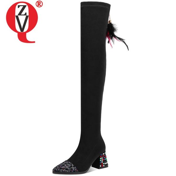 

zvq winter new fashion over knee boots outside high heels pointed toe kid suede crystal zip women shoes drop shipping size 33-40, Black