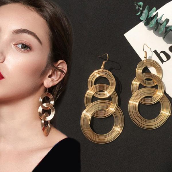 

es550 punk gold colour big geometric 3 circle metal long dangle earrings for women bohemian party exaggerated fashion jewelry, Silver