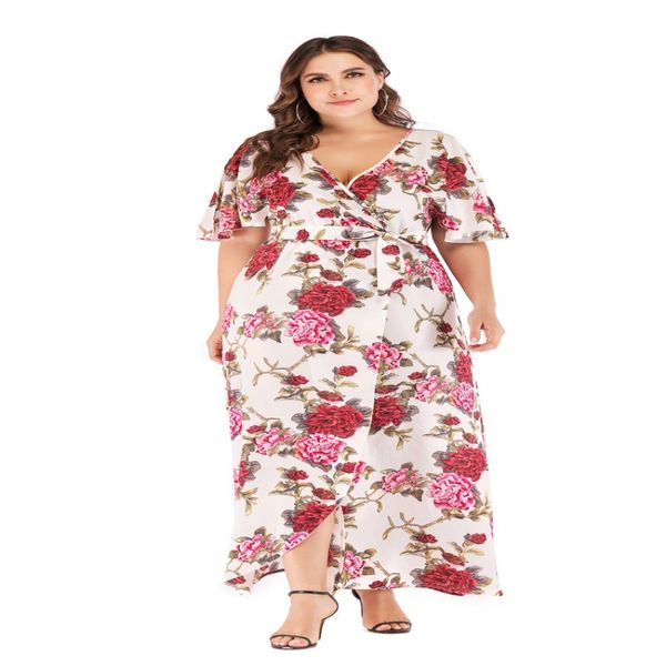 

xl-6xl print dress beach vintage maxi dresses boho casual v neck belt lace up tunic draped plus size dress, Black;gray