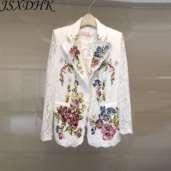 

jsxdhk women's lace white jacket coat 2019 runway summer embroidery floral pearl turn down collar long sleeve hollow out coat, Black;brown