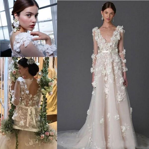 

Modest Marchesa Lace Bohemian Beach Wedding Dresses 3D Foral Appliques Dubai Arabic Handmade Flower Country Bridal Gowns Long Sleeves