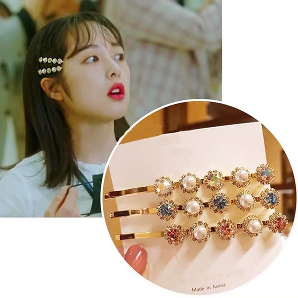 

2019 korean star new shiny crystal barrettes hairpins for women girls fashion elegant pearl hairclips jewelry, Golden;white