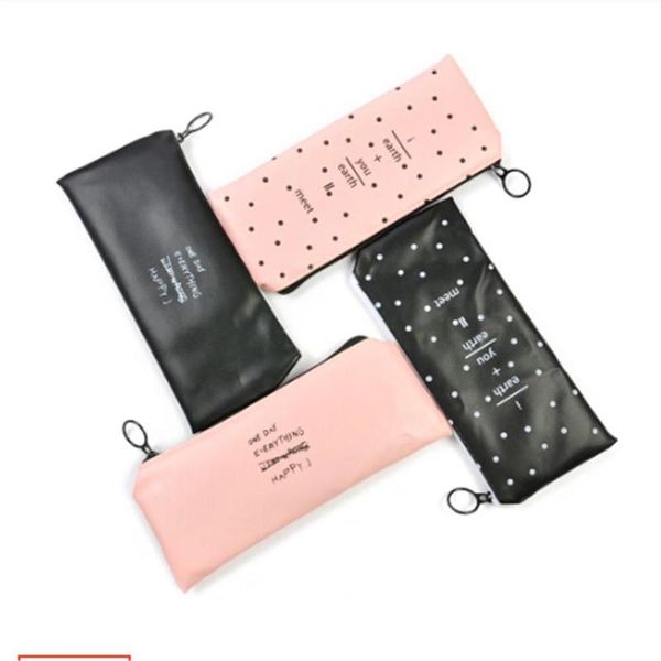 

new korean simple pure color personality leather pencil bag student zipper stationery bag pencil handbag pen