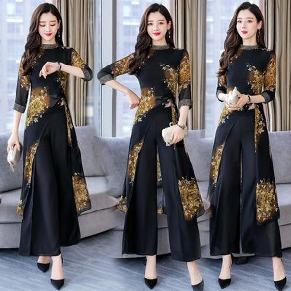 

fashion suit for women 2019 summer new print + wide leg pants trousers elegant two piece set plus size -4xl, White