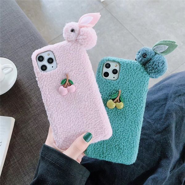 

one piece luxury phone case for iphone 6 7 8p xr 11promax fashion plush designer phone case back cover with cherry and rabbit