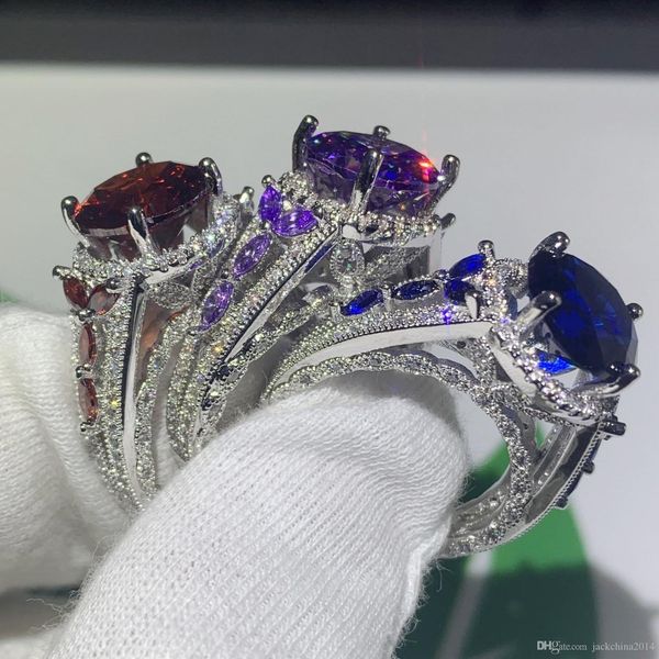 

choucong drop shipping luxury jewelry 925 sterling silver three color sapphire&amethyst gemstones women wedding engagment flower band ring, Slivery;golden