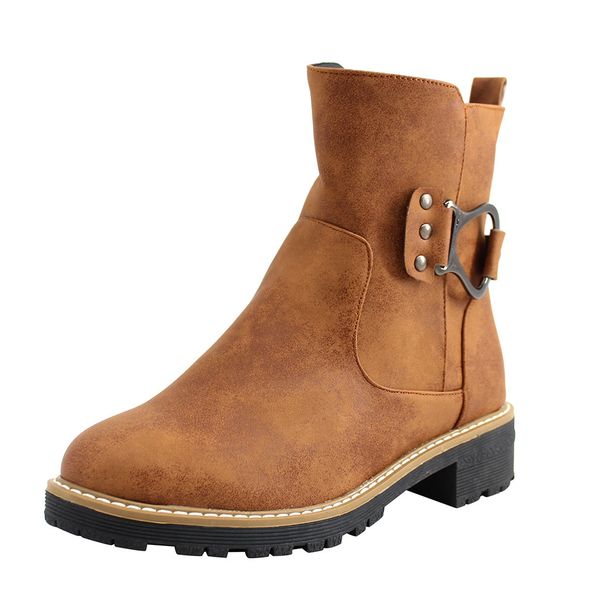 

fashion cross strap belt buckle keep warm winter boots thick heel side zipper women pure color ankle boots warm botas mujer, Black