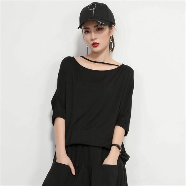 

large size women's fashionable cool cold wind shoulder irregular loose short-sleeved large size women's fashionable cool t-shirt c, White