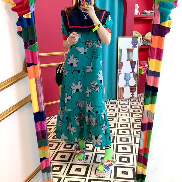 

summer long maxi dress flower print princess mermaid dress women contrast color plus size loose ruffle party short sleeve, Black;gray