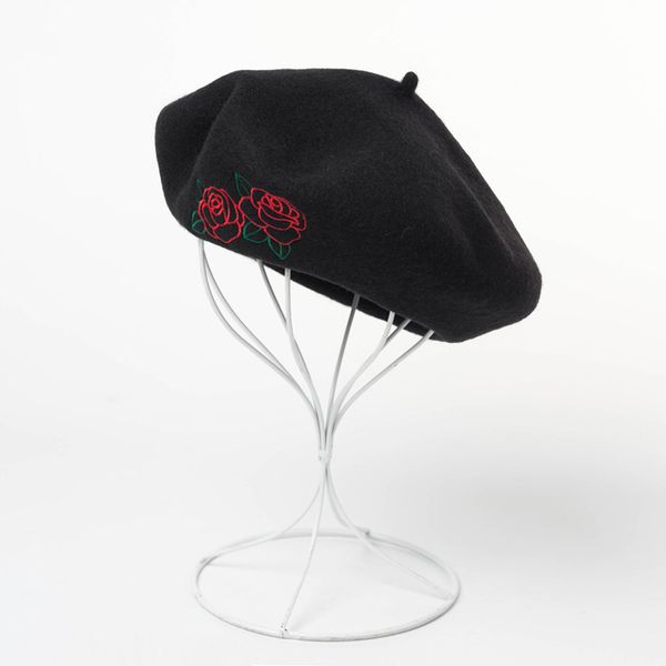 

berets autumn winter ladies flower embroidery wool beret painter hat fashion warm female bonnet hats solid color, Blue;gray